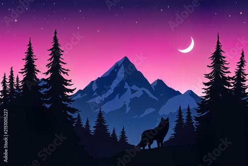 Vector illustration of wolf silhouette standing near pine trees and mountains under crescent moon