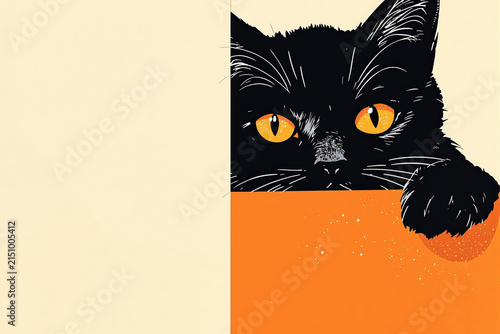 Black cat peeking over orange border with yellow eyes minimalist illustration artwork concept