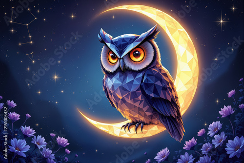 Low poly geometric owl sitting on glowing crescent moon surrounded by purple flowers at night