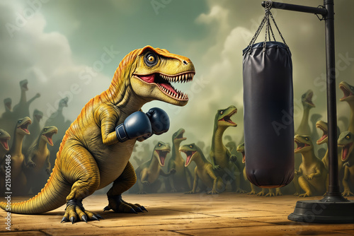 Tyrannosaurus rex wearing boxing gloves training with heavy punching bag in dinosaur arena