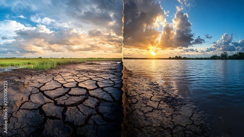 Split screen image contrasting arid cracked earth with flooded landscape under sunset sky illustrating extreme weather patterns and environmental imbalance for climate awareness campaigns.