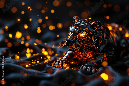 Black tiger sculpture with glowing fire ember on dark silk fabric. Digital art of predator with fiery light.