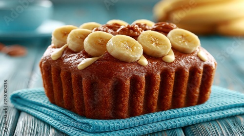 Golden brown loaf cake topped with fresh banana slices and nuts.
