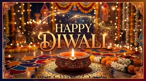 Happy Diwali festival lights, diya oil lamp and floral altar for Hindu celebration