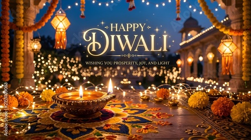 Happy Diwali festival lights, diyas, marigolds, rangoli, ornate temple architecture, night