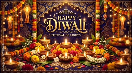 Happy Diwali Festival of Lights: Decorated Temple Arch with Lamps, Flowers, and Garlands