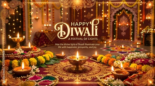 Happy Diwali Festival of Lights, Illuminated Diyas, Flowers & Rangoli Decor