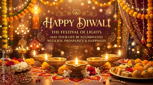 Happy Diwali Festival: Oil Lamps, Sweets, Marigolds, Lights & Decorations