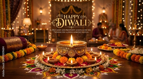 Happy Diwali Festival, Lit Lamps & Rangoli Decoration on Table