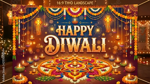 Happy Diwali Festive Background with Rangoli and Diyas - 16:9 Landscape
