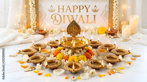 Happy Diwali Festive Diya Lamps & Flowers
