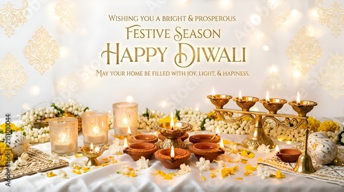 Happy Diwali Festive Season Celebration with Diyas, Flowers, and Lights