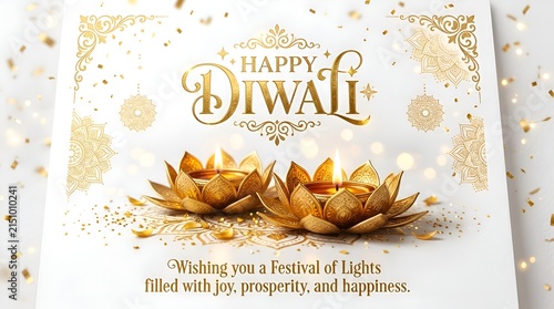Happy Diwali Golden Lotus Diyas Festive Lights Prosperity Wishes