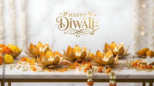 Happy Diwali: Golden Lotus Lamps, Marigolds, Sweets, and Festive Decorations