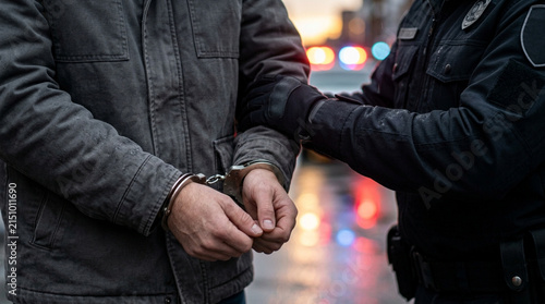Police Officer Arresting Suspect in Handcuffs with Blurred City Lights Background
