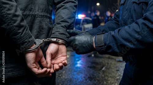 Police officer arresting suspect with handcuffs at night with siren lights