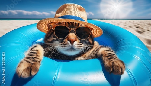 a tabby cat wearing sunglasses and a hat relaxes in a blue inflatable ring