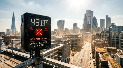 Urban Heatwave Alert in London City with High Temperature Display.