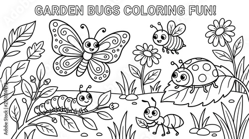 Garden bugs coloring book page for children.