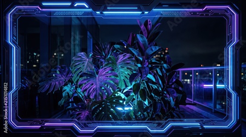 Vibrant Neon Jungle Oasis Framed by Futuristic Cyberpunk Border.