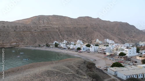 Qantab Village Oman traditional fishing village between rocky mountains and Arabian Sea 4K