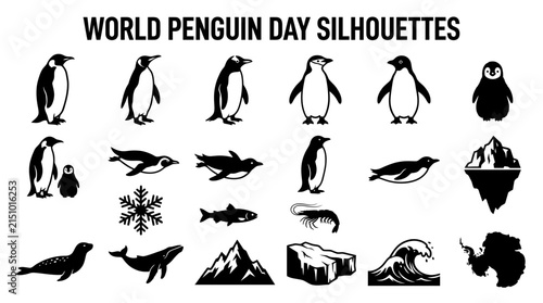 Collection of black penguin silhouettes and arctic wildlife for penguin day, featuring icebergs, fish, and antarctic geography