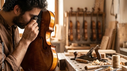 Professional luthier inspecting handmade violin with magnifier in workshop