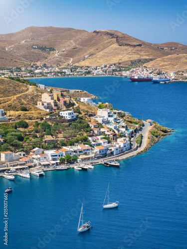 Bild auf Leinwand Aerial view of the small village and sailors marina of Vourkari with the port of