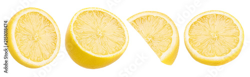 Close up, slice ripe lemon and lemon half isolated, transparent PNG