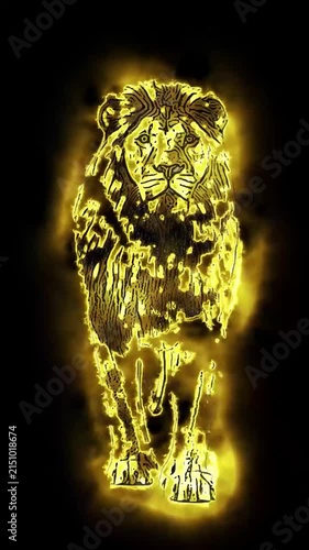A powerful fire lion slowly walks toward the viewer, its entire body engulfed in flickering flames against a pure black background. This futuristic 3D animation blends realistic fire simulation with a