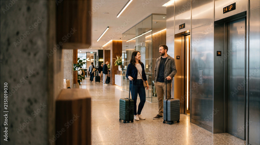 Fototapeta premium Man and woman with suitcases talking while waiting for an elevator in a modern hotel lobby or office building.