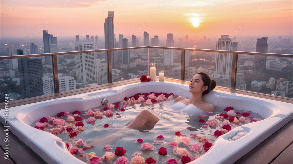 Obraz premium Serene young woman relaxing in rooftop hot tub filled with rose petals. Luxury penthouse lifestyle with panoramic city skyline view at sunset.