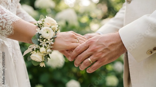 Bride and groom holding hands with wedding rings and floral wrist corsage at ceremony