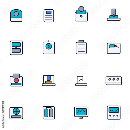 Premium flat vector icon collection of semiconductor fabrication, wafer processing, chip assembly, cleanroom, and microelectronics manufacturing equipment for advanced industrial applications.