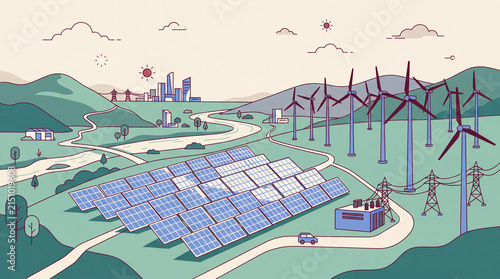Renewable energy landscape with solar farm and wind turbines powering distant city flat vector illustration