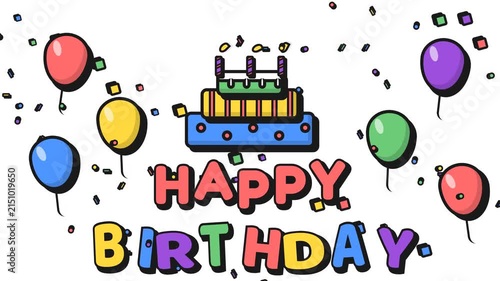 Colorful Happy Birthday Graphic with Multi Layered Cake and Floating Balloons