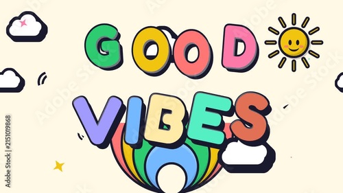 Colorful Good Vibes Text with Rainbow Sun and Clouds Retro Graphic Design