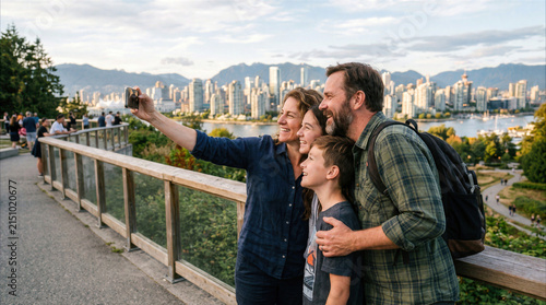 Family Taking Selfie with Smartphone at Vancouver Lookout Point in Stanley Park with Skyline View