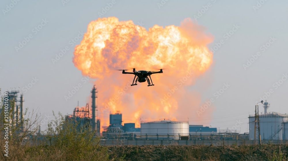 Fototapeta premium Tactical drone on war. Power plant is under attack due to drone strike. FPV drone hitting infrastructure of an enemy