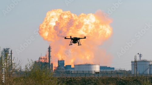 Tactical drone on war. Power plant is under attack due to drone strike. FPV drone hitting infrastructure of an enemy