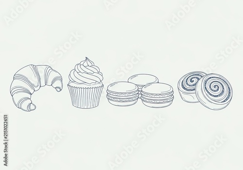 Assorted hand-drawn line art pastries illustration: croissant, frosted cupcake, stacked macarons, and sweet cinnamon rolls.