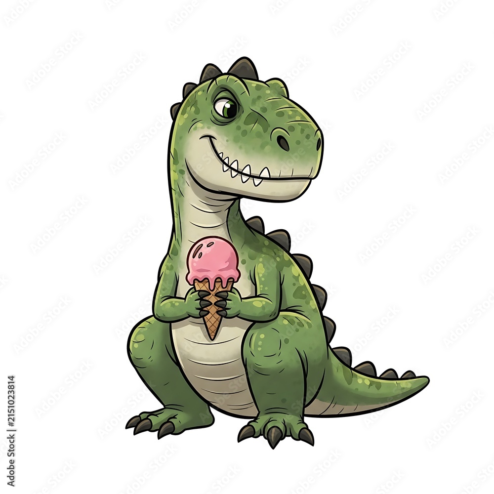 Fototapeta premium Friendly green cartoon dinosaur with dark spots holding a pink strawberry ice cream cone, cute prehistoric reptile character on white background