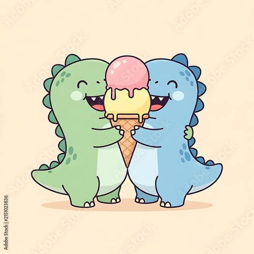 Two cute cartoon dinosaurs, one green and one blue, hugging a large double scoop ice cream cone on a light beige background, for kids