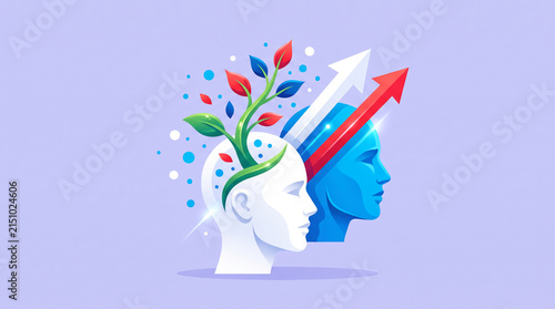 Stylized heads with growing plant and upward arrows, symbolizing growth, development, and progress in thought and achievement