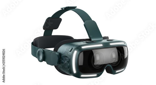 Futuristic green virtual reality headset with glowing light strips