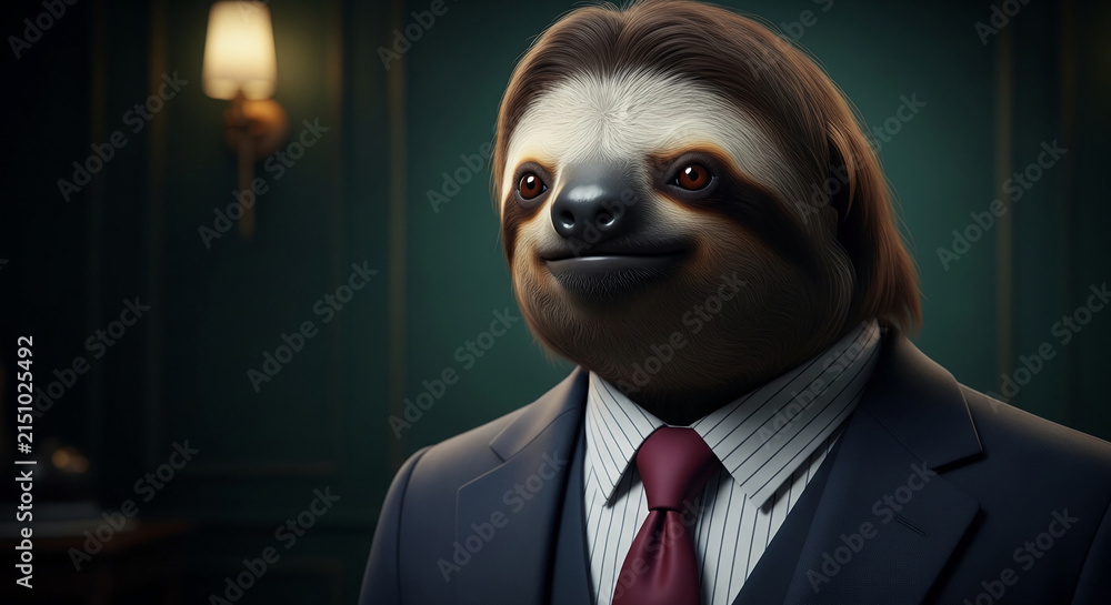 Fototapeta premium A sloth wearing a suit and tie, looking directly at the camera, representing business and slow, deliberate action.