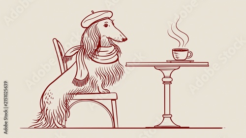 A longhaired dachshund wearing a beret and scarf sits at a cafe table with a steaming cup of coffee.