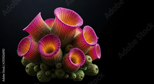 Abstract cluster of pink and orange trumpet-shaped flora with green bulbous bases, symbolizing organic growth, fantasy, and natural wonder