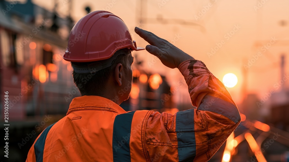 Obraz premium Worker in protective gear salutes during a sunset at a rail yard.