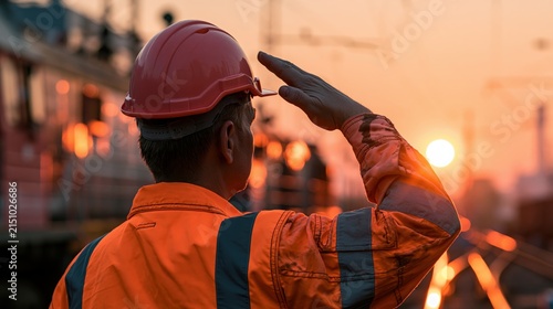Worker in protective gear salutes during a sunset at a rail yard.